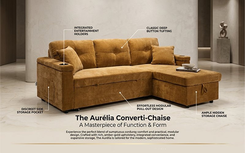 Monaco Convertible L-Shaped Sofa Bed with Pull-Out Sleeper & Chaise Storage (Brown)